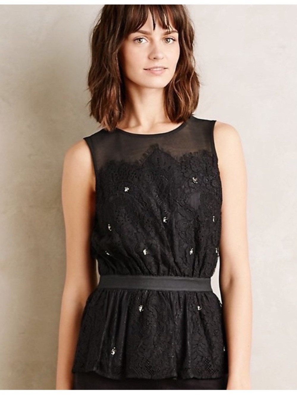 Anthropologie Black Lace Peplum Shell Top